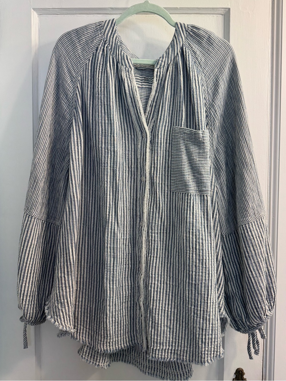Aerie XL Oversized Striped Blue and White Women's Button-Front Tunic Blouse
